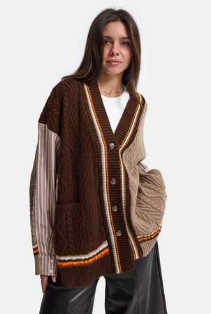 Kadın Kahve w6-16 Oversize Gömlek Kumaş Detaylı Özel Tasarım Triko Hırka