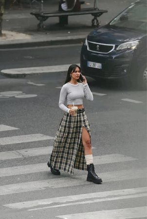 Kadın Sarı Gri Ekose w6-34 Maxi Boy Kemer Detaylı Özel Tasarım Etek