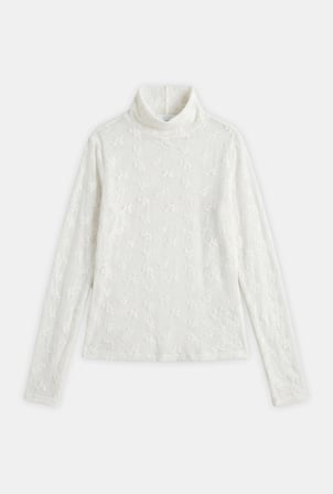 Kadın Kırık Beyaz w6-101 Slim Boğazlı Özel İşlemeli Kumaş Tasarım Bluz