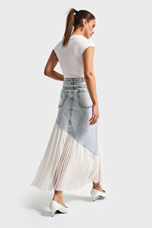 Kadın Kot Rengi 3s5-3 Denim Kumaş Parça Pileli Maxi Boy %100 Koton Tasarım Denim Etek