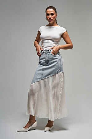 Kadın Kot Rengi 3s5-3 Denim Kumaş Parça Pileli Maxi Boy %100 Koton Tasarım Denim Etek