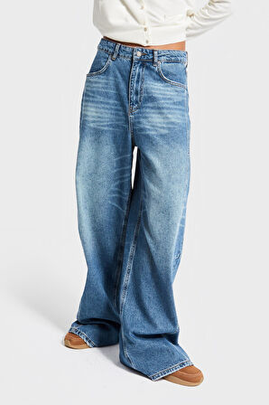 Kadın Kot Rengi 2w5-80 Mega Baggy Fit Nakış Detaylı %100 Koton Denim Jean