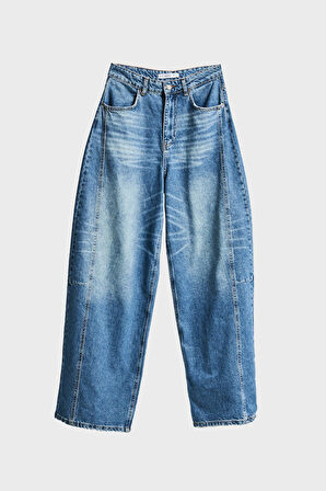 Kadın Kot Rengi 2w5-80 Mega Baggy Fit Nakış Detaylı %100 Koton Denim Jean