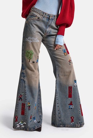 Kadın Koyu Kot 2w6-85 Loose Flare Fit Nakış Detaylı Özel Tsarım Denim Jean