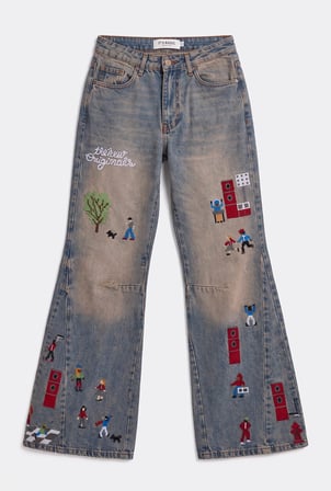 Kadın Koyu Kot 2w6-85 Loose Flare Fit Nakış Detaylı Özel Tsarım Denim Jean