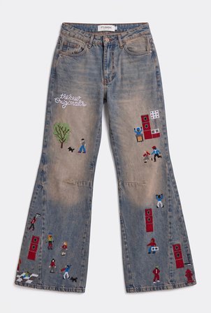 Kadın Koyu Kot 2w6-85 Loose Flare Fit Nakış Detaylı Özel Tsarım Denim Jean