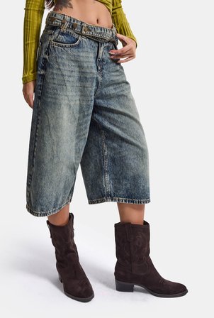 Kadın Kot Renk 4w6-31 Baggy Bermuda Icon Detaylı Tasarım Şortolon