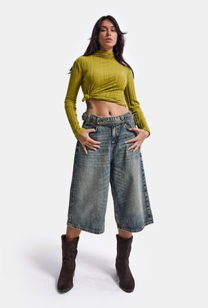 Kadın Kot Renk 4w6-31 Baggy Bermuda Icon Detaylı Tasarım Şortolon