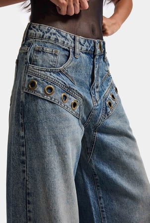 Kadın Kot Rengi 4w6-8 Wide Leg Baggy Fit Kuş Gözü Detaylı Özel Tasarım Denim Jean