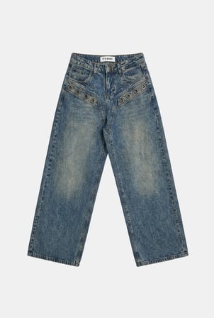 Kadın Kot Rengi 4w6-8 Wide Leg Baggy Fit Kuş Gözü Detaylı Özel Tasarım Denim Jean