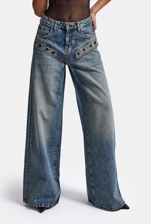 Kadın Kot Rengi 4w6-8 Wide Leg Baggy Fit Kuş Gözü Detaylı Özel Tasarım Denim Jean