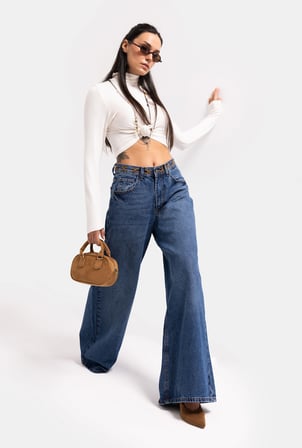 Kadın Mavi 2w6-5 Palazzo Fit Kemer Detaylı Özel Tasarım Denim Jean