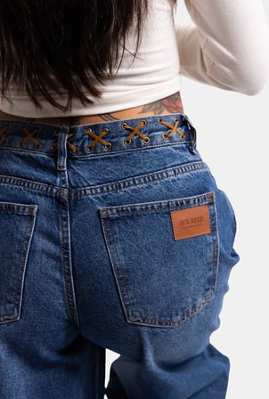 Kadın Mavi 2w6-5 Palazzo Fit Kemer Detaylı Özel Tasarım Denim Jean