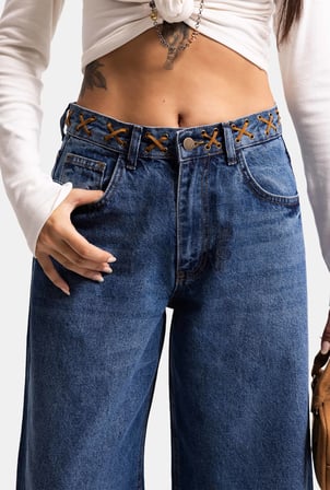 Kadın Mavi 2w6-5 Palazzo Fit Kemer Detaylı Özel Tasarım Denim Jean