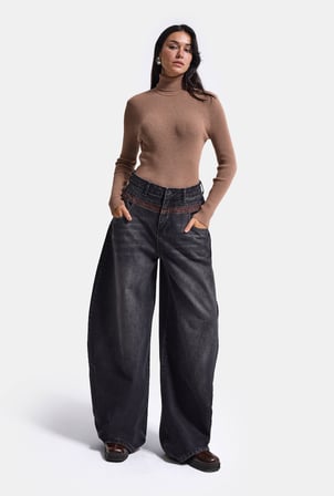 Kadın Koyu Füme 2w6-1 Barrel Fit Bol Kesim Özel Tasarım Denim Jean