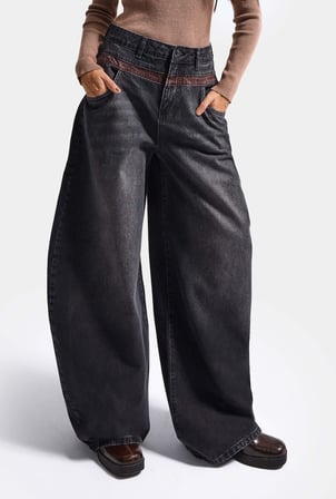 Kadın Koyu Füme 2w6-1 Barrel Fit Bol Kesim Özel Tasarım Denim Jean