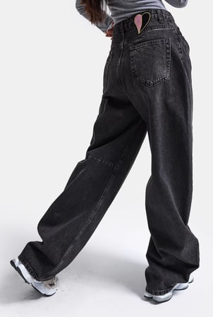 Kadın Koyu Füme 2w6-1 Barrel Fit Kalp Jakron Detaylı Denim Jean