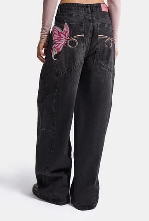 Kadın Koyu Füme 2w6-1 Mega Barrel Fit Nakış Özel Tasarım Denim Jean