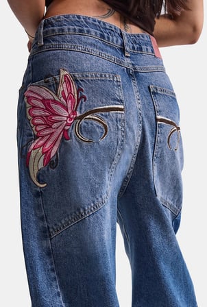 Kadın Koyu Mavi 2w6-1 Mega Barrel Fit Nakış Özel Tasarım Denim Jean