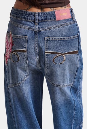 Kadın Koyu Mavi 2w6-1 Mega Barrel Fit Nakış Özel Tasarım Denim Jean