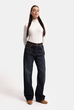 Kadın Koyu Kot 2w6-8 Loose Fit Kemer Dikiş Detaylı Özel Tasarım Denim Jean