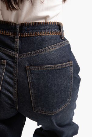 Kadın Koyu Kot 2w6-8 Loose Fit Kemer Dikiş Detaylı Özel Tasarım Denim Jean