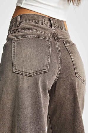 Kadın Taşlanmış Kahve Renk 4w5-16 Palazzo Fit %100 Koton İç Boy 80cm Denim Jean
