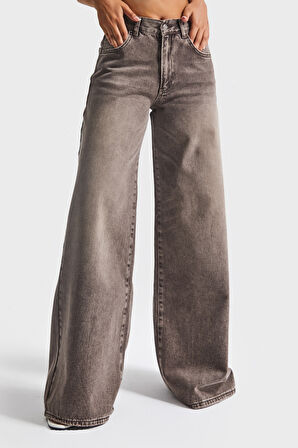 Kadın Taşlanmış Kahve Renk 4w5-16 Palazzo Fit %100 Koton İç Boy 80cm Denim Jean