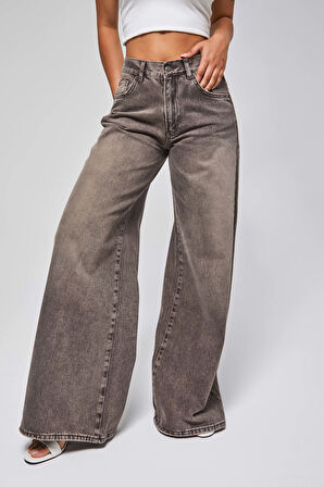 Kadın Taşlanmış Kahve Renk 4w5-16 Palazzo Fit %100 Koton İç Boy 80cm Denim Jean