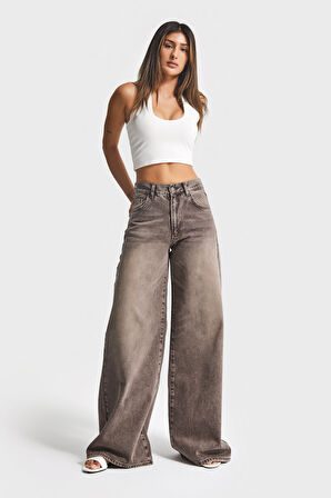 Kadın Taşlanmış Kahve Renk 4w5-16 Palazzo Fit %100 Koton İç Boy 80cm Denim Jean