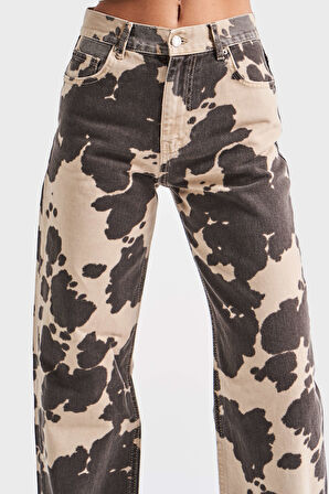 Kadın Kahverengi 6s5-57 Özel Yıkama Leopar Desenli %100 Koton Loose Fit Orta Bel Denim Jean