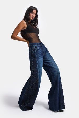 Kadın Koyu Mavi 2w6-7 Palazzo Fit Dantel Nakış Detaylı Özel Tasarım Denim Jean