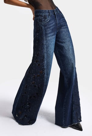 Kadın Koyu Mavi 2w6-7 Palazzo Fit Dantel Nakış Detaylı Özel Tasarım Denim Jean