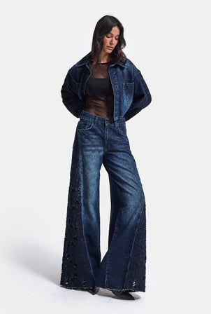 Kadın Koyu Mavi 2w6-7 Palazzo Fit Dantel Nakış Detaylı Özel Tasarım Denim Jean