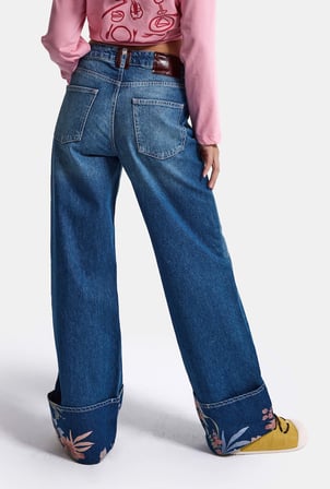 Kadın Koyu Mavi 2w6-4 Straight Turn Up Paça Detaylı Özel Tasarım Denim Jean