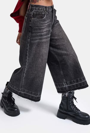 Kadın Füme 4w6-13 Culotte Fit Kiraz Nakış Detaylı Tasarım Denim Jean