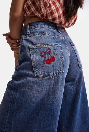 Kadın Koyu Kot 4w6-98 Culotte Fit Kiraz Nakış Detaylı Tasarım Denim Jean