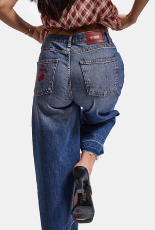 Kadın Koyu Kot 4w6-98 Culotte Fit Kiraz Nakış Detaylı Tasarım Denim Jean