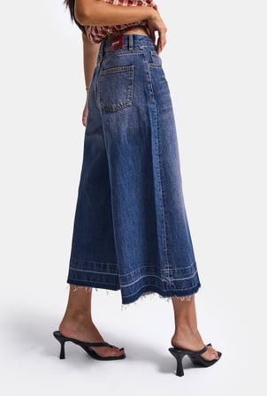 Kadın Koyu Kot 4w6-98 Culotte Fit Kiraz Nakış Detaylı Tasarım Denim Jean
