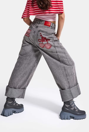 Kadın Füme 4w6-13 Mega Baggy TT18 Chery Nakış Özel Tasarım Denim Jean