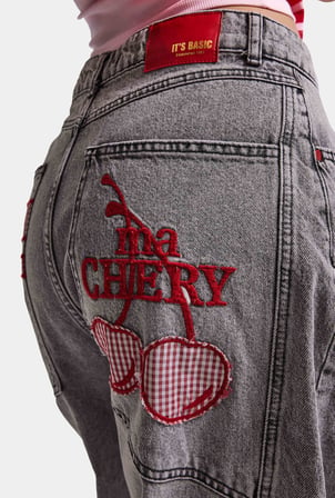 Kadın Füme 4w6-13 Mega Baggy TT18 Chery Nakış Özel Tasarım Denim Jean