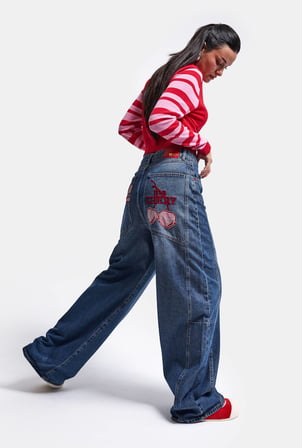 Kadın Koyu Mavi 2w6-98 Mega Baggy Chery Nakış Özel Tasarım Denim Jean