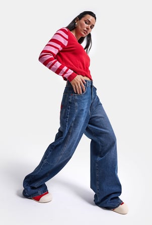 Kadın Koyu Mavi 2w6-98 Mega Baggy Chery Nakış Özel Tasarım Denim Jean