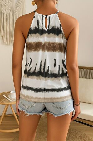 Kadın Halter Kollu Damla Detaylı Desenli Süprem Bluz