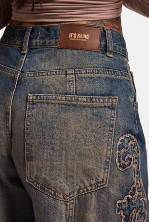 Kadın Koyu Kot 4w6-32 Palazzo Fit Özel Nakış Detaylı Tasarım Denim Jean