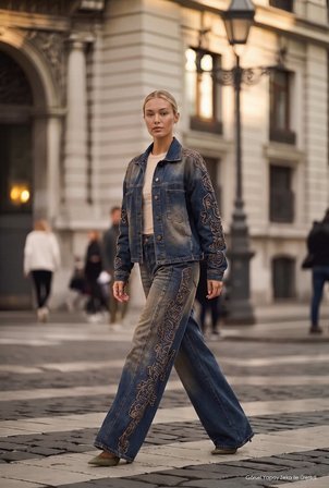 Kadın Koyu Kot 4w6-32 Palazzo Fit Özel Nakış Detaylı Tasarım Denim Jean