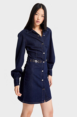 Kadın İndigo Renk 7w5-50 Önü Düğmeli Kemer Detaylı 86cm Tasarım Denim Elbise