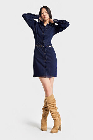 Kadın İndigo Renk 7w5-50 Önü Düğmeli Kemer Detaylı 86cm Tasarım Denim Elbise