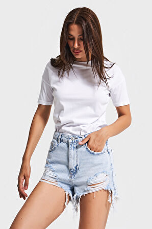 Kadın Ice Kot Rengi 12s5-3 Mini Boy Yüksek Bel Curved Yırtık Detaylı Püsküllü %100 Koton Denim Şort