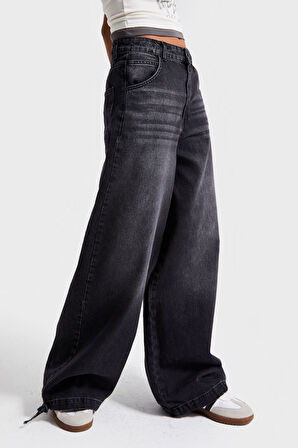Kadın Füme Renk 2w5-1 Straight Baggy Fit %100 Koton Paça Bağcık Detaylı Bol Kesim Denim Jean